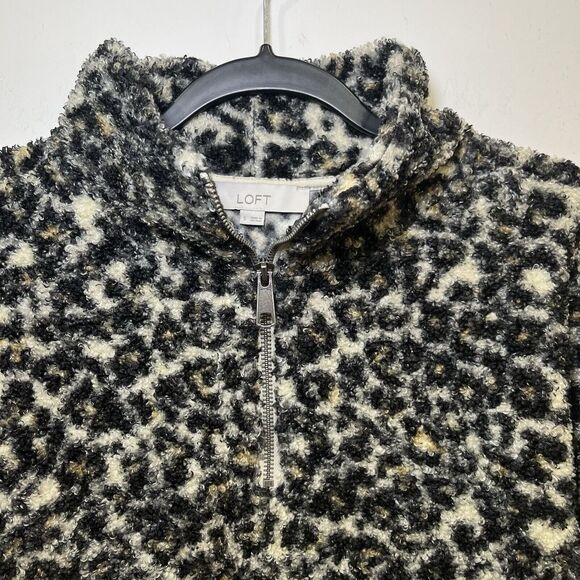 LOFT Leopard Print Textured Fuzzy Sherpa Quarter Zip Pullover Size Small - Picture 2 of 6